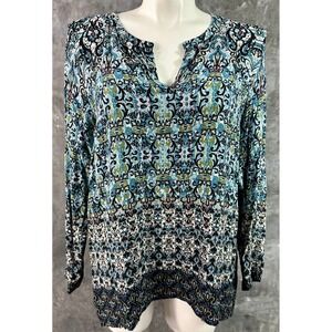 J Jill Multi Colored L/S Notched Neck Scroll Print Top sz XL (16157)